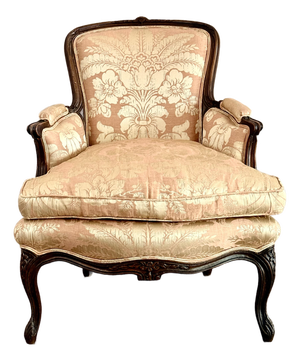Antique Louis XV Style Bergère With a Carved Wood Frame, Upholstered Back, Outscrolled Arms & Cabriole Legs