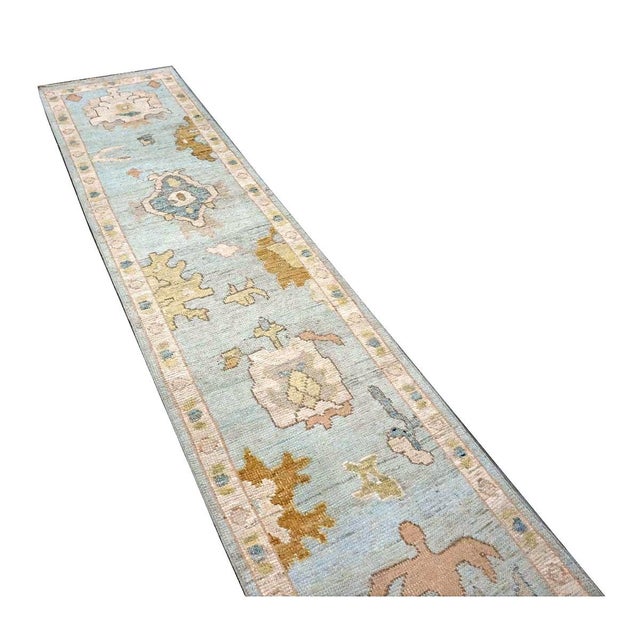 21st Century Turkish Oushak Wool 2X10 Gold, Light Blue & Ivory Handmade Runner Rug #1144116 For Sale In Houston - Image 6 of 11