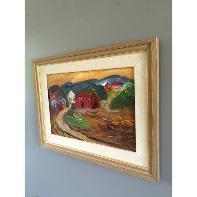 Mid-Century Modern 'Crimson Barns at Dusk' Vintage Original Landscape Oil Painting, Framed For Sale - Image 4 of 11