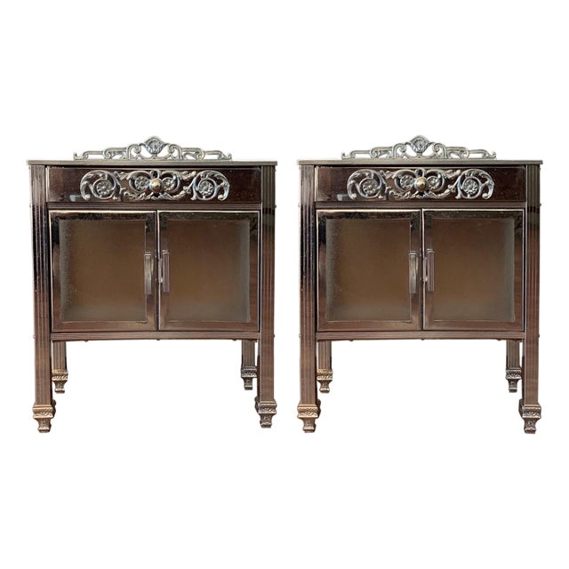 Mid 20th Century French Art Deco Pair of Brass Side Table or Nightstands, Drawer and Door For Sale