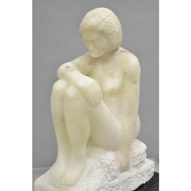 Late 20th Century Morton Gaffin "Seated Woman" Modernist Carved White Alabaster Nude Sculpture For Sale - Image 4 of 12