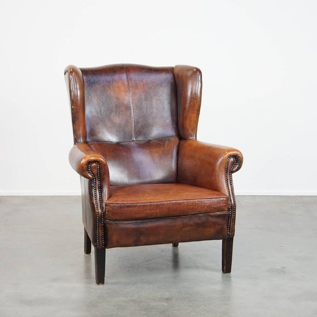 Large Vintage Sheepskin Leather Wing Chair For Sale - Image 13 of 13