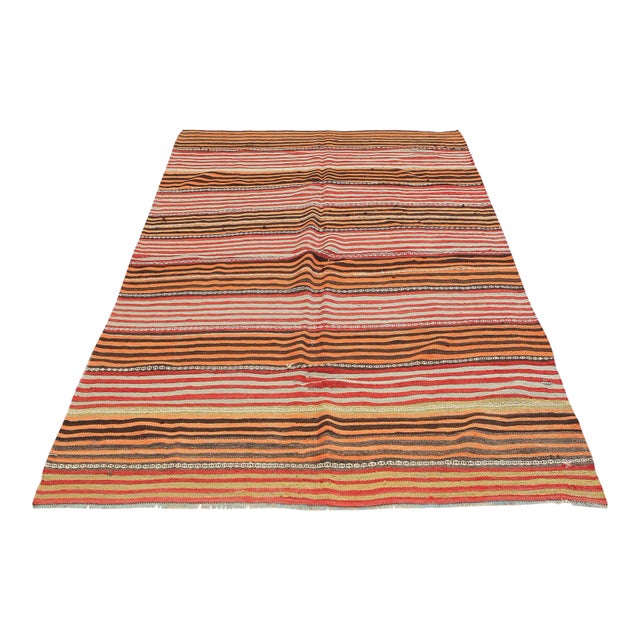 Mid 20th Century Orange Striped Vintage Kilim Rug For Sale