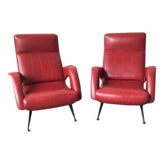 Set of Mid-Century Red Faux Leather and Iron Lounge Chairs Attributed to Carlo de Carli For Sale