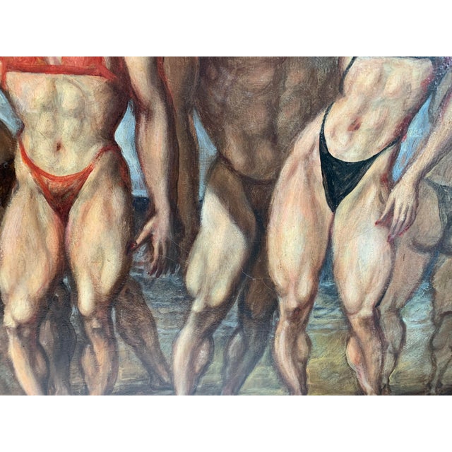 1960s Mid-Century Pop Art Oil Painting Bodybuilders on Beach For Sale - Image 5 of 11