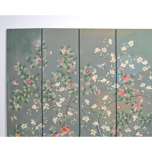 Gracie Style 8 Panel Chinoiserie Painted Wallpaper Screen 12 Ft For Sale - Image 4 of 18
