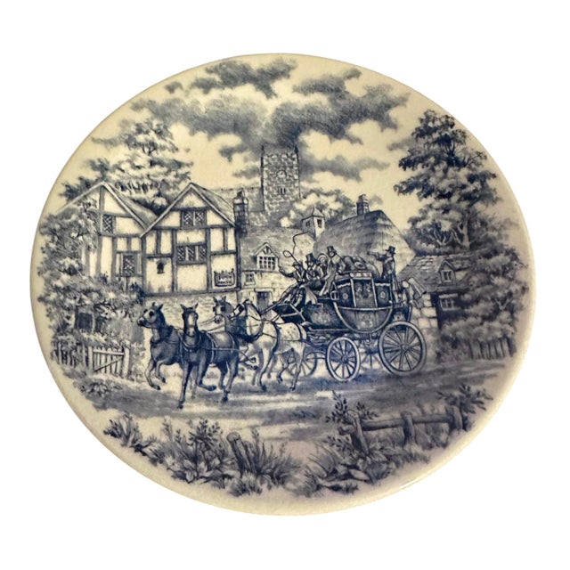 Royal Blue Vintage Blue and White Transferware Plates With Coaching Scene by Oxford Pottery - A Set of 4 For Sale - Image 8 of 12