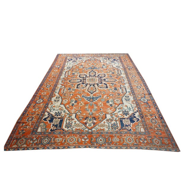 Persian Antique Persian Serapi 10x15 Rust & Navy Handmade Area Rug #1140796 For Sale - Image 3 of 4