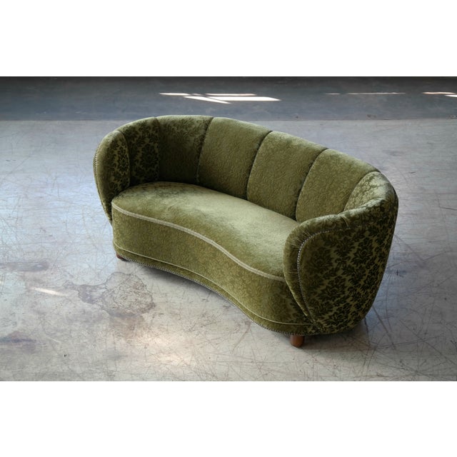 Danish 1940s Banana Shaped Curved Sofa Covered in Original Velvet
