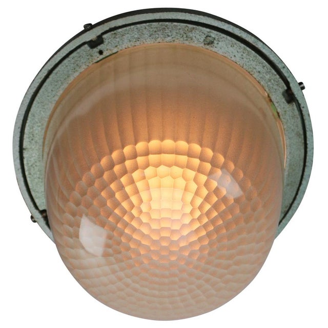 Holophane Vintage Industrial French Green Cast Iron and Frosted Cut Glass Flush Mount by Holophane For Sale - Image 4 of 7