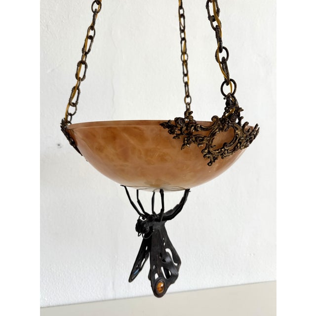 Italian Art Deco Alabaster Hanging Light with Wrough Iron Dagonfly and Chain, 1920s For Sale - Image 13 of 18