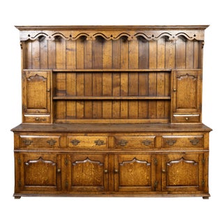 English Midcentury Oak Dresser with Carved Accents, Six Doors and Six Drawers For Sale