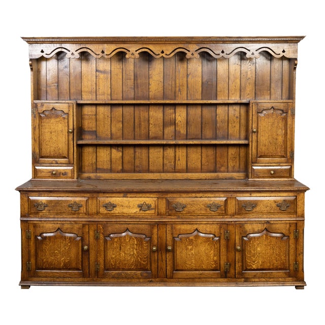 English Midcentury Oak Dresser with Carved Accents, Six Doors and Six Drawers For Sale
