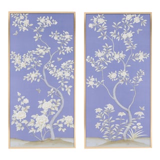 Simon Paul Scott for Jardins en Fleur "Inverness" Chinoiserie Hand-Painted Silk Diptych - 2 Pieces For Sale