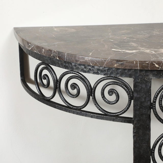 Art Deco Demilune Wrought-Iron Spiral & Noir St Laurent Marble Console Table For Sale - Image 11 of 17