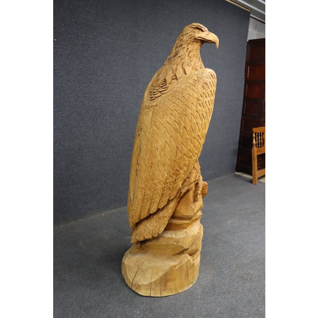 Large Hand-Carved Pine Bald Eagle Sculpture on Saw-Cut Base For Sale - Image 10 of 13