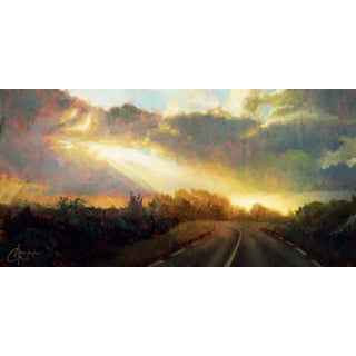 Ray of Hope by Christopher Clark | Oil and acrylic on wood panel Landscape with sunlight breaking through clouds For Sale