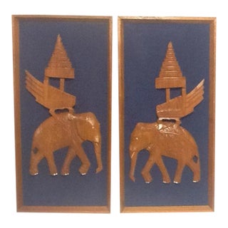 Asian Framed Elephant Teak Wood Carvings on Fabric Background - A Pair For Sale