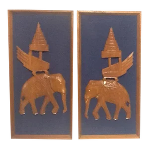 Asian Framed Elephant Teak Wood Carvings on Fabric Background - A Pair
