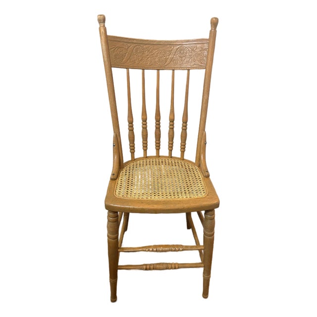Circa 1900 Antique Oak Pressed-Back Youth Chair With Cane Seat For Sale