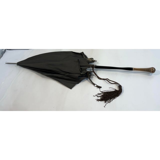 Black Antique Umbrella With Brass Embossed Handle From Belgium For Sale - Image 8 of 10