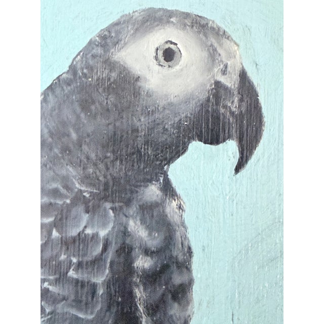 Oil Painting on Board Two Parrots on Branch in Green Lacquered Frame For Sale - Image 9 of 13