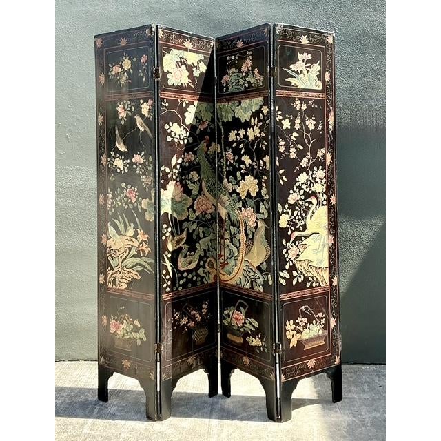 Vintage Chinoiserie Four Panel Folding Screen For Sale - Image 4 of 12
