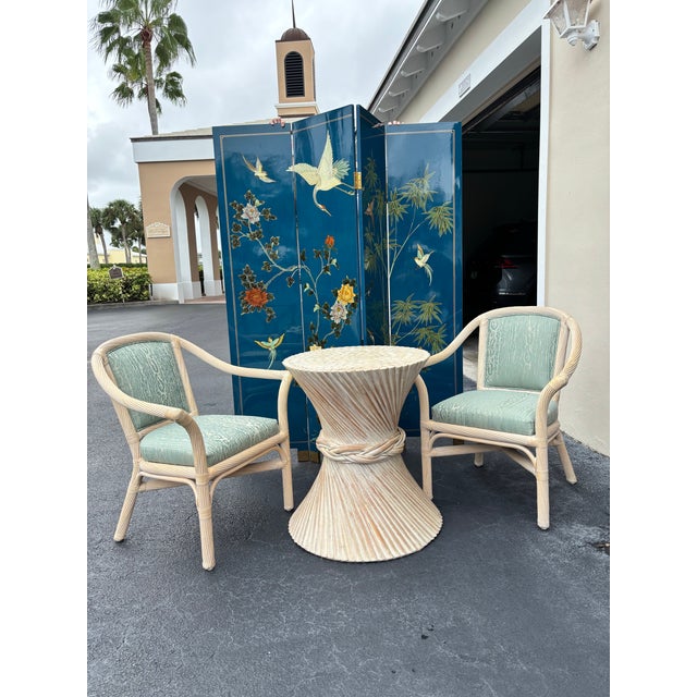 Mid-Century Modern McGuire Attributed Sheaf of Wheat Twisted Bamboo Pedestal Table in a Coastal White Washed Color. Perfect Size for Dinette or Game Table. For Sale - Image 3 of 8