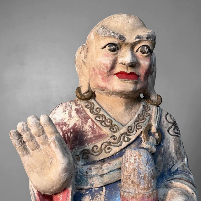 Wood Large Polychrome Wooden Temple Figures on Lotus Bases, Korea, 19th Century, Set of 2 For Sale - Image 7 of 18