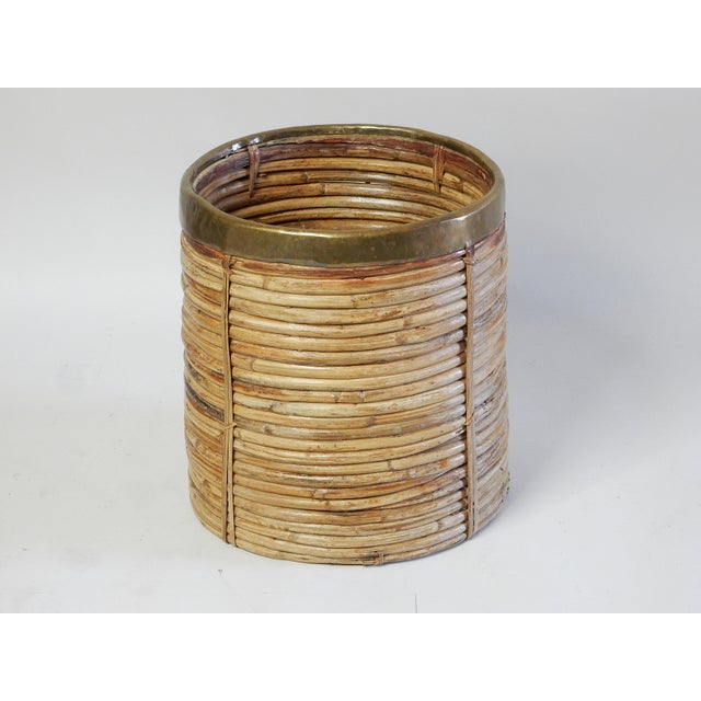 Italian 1960's Italian Sculpted Pencil Reed Rattan Planter With Hammered Brass Trim For Sale - Image 3 of 5