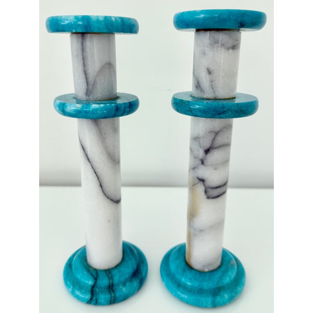 Postmodern Pair of Postmodern Gray & Turquoise Marble Candlesticks For Sale - Image 3 of 5