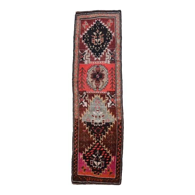 1970s Vintage Handmade Wool Cotton Red Runner Rug For Sale