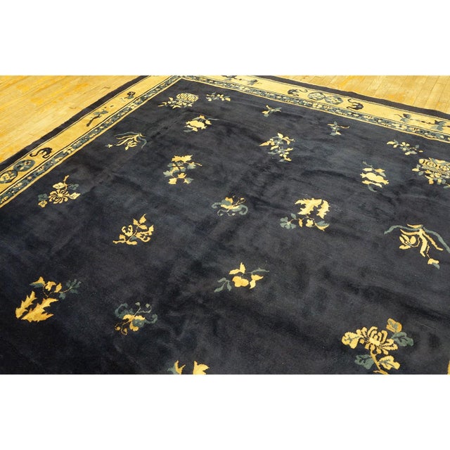 Textile 1930s Navy Floral Deco Antique Chinese Peking Knotted Wool Rug 8'2" X 9'8" For Sale - Image 7 of 12
