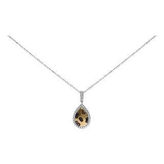 10K Yellow Gold Plated Sterling Silver Mixed Color Diamond Accent Pear Halo Pendant Necklace For Sale