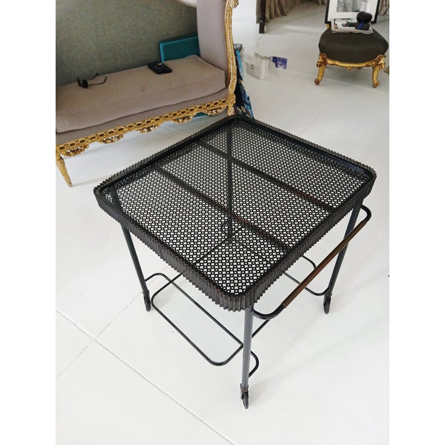 Mathieu Matégot Metal Bar Cart, Glass Lower Shelf, Pleated Apron, France, 1950s For Sale - Image 13 of 17