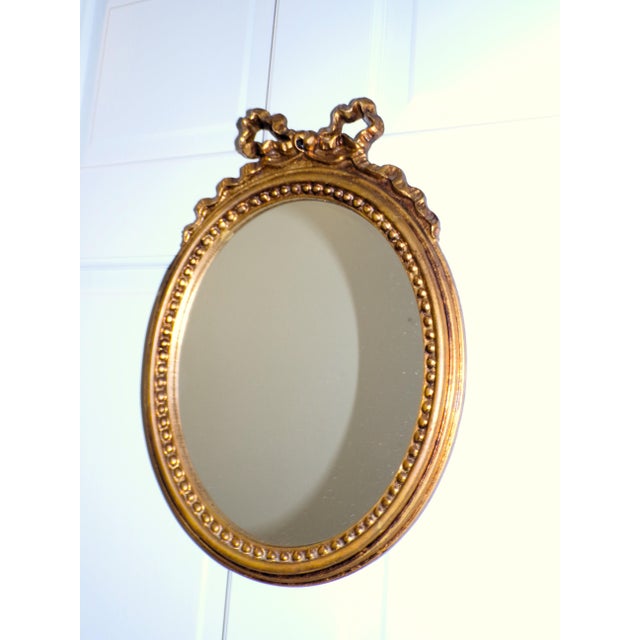 Glass Vintage Italian Florentine Gilded Oval Mirror Ribbon Bow Accent Italy For Sale - Image 7 of 13
