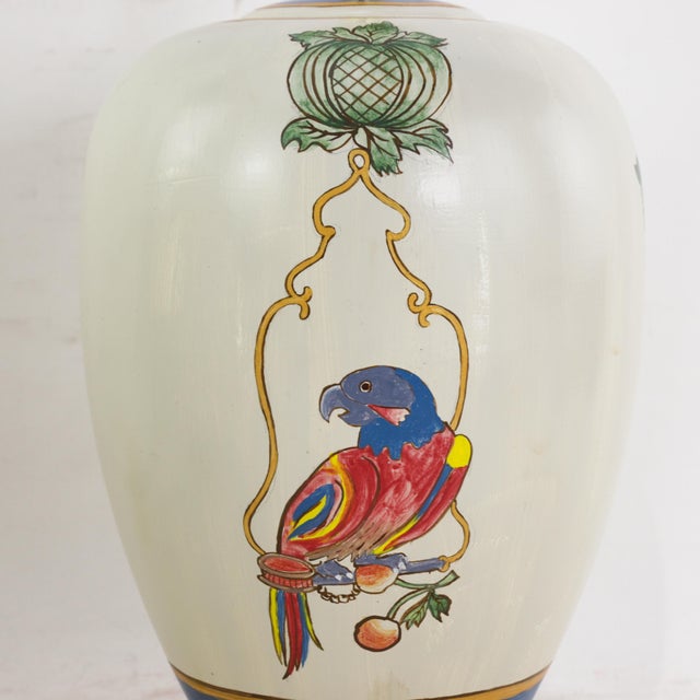 Vintage Hand-Painted Chinoiserie Ceramic Parrot and Cherry Table Lamps - a Pair For Sale - Image 11 of 13
