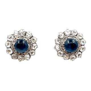 4.87 Ct Cabochon Sapphire & Diamond Earrings - 2 Pieces For Sale