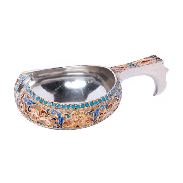 Antique Imperial Russian Silver Cloisonne Enamel Kovsh Ovchinnikov Moscow 1896 For Sale In Portland, OR - Image 6 of 12