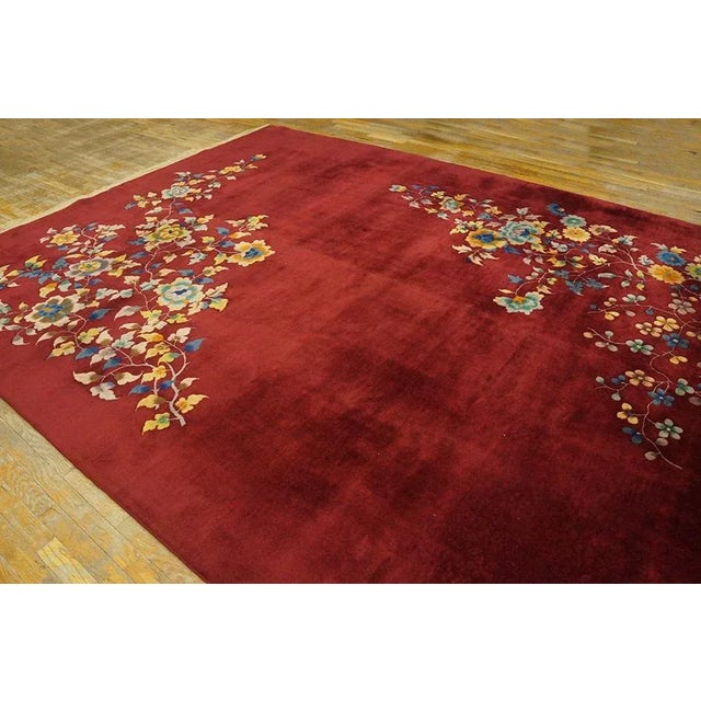 1930s Deep Red Floral Antique Chinese Art Deco Rug 8'9" X 11'4" Knotted Wool Carpet For Sale In New York - Image 6 of 9
