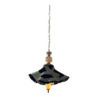 Vintage Art Glass Black Tan Ribbon Swirl Fazzoletto and Agate Glass Pendant Light For Sale
