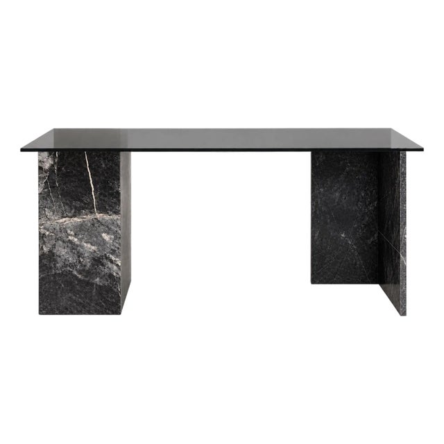Vintage Marble & Smoke Grey Glass Desk — One-of-a-Kind Studio Design For Sale