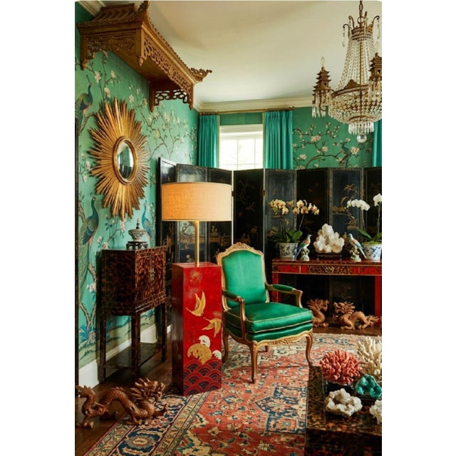 Rare Vintage Chinoiserie Red Lacquered Pedestal Bird Floor Lamp With Huge Linen Shade For Sale - Image 12 of 12