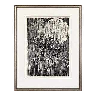 1986 Ruthe Blalock Jones “Oklahoma Stomp Dance” Original Signed Native American Woodblock Print, Limited Edition 12/40 For Sale