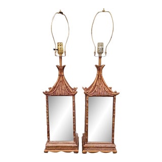 Rare Gold Leaf Mirrored Pagoda Faux Bamboo Palm Beach Regency Table Lamps- a Pair For Sale