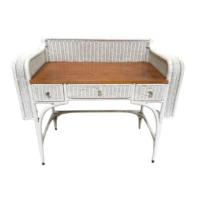 1940s Shabby Chic White Wicker Mahogany Top Writing Secretary Desk W/ Chair For Sale - Image 4 of 14