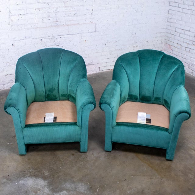1980’s Art Deco Revival Hollywood Regency Channeled Fan Back Club Chairs W/Teal Chenille Fabric by Perfection Furniture, a Pair For Sale - Image 10 of 18