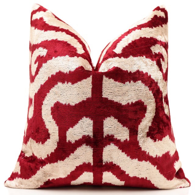 Mid-Century Modern Hand-Knotted Silk Velvet Ikat Pillow - 16x16 Crimson & Champagne Heritage For Sale - Image 3 of 8