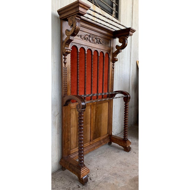 19th Large Carved Spanish Solid Walnut Hall Stand With Red Velvet Back For Sale - Image 4 of 10