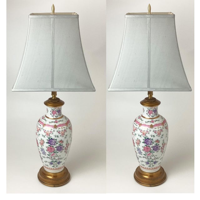 Pair Samson Porcelain Chinese Export Style Lamps. 22 inches tall to the top of the socket 29 inches to the top of the harp...
